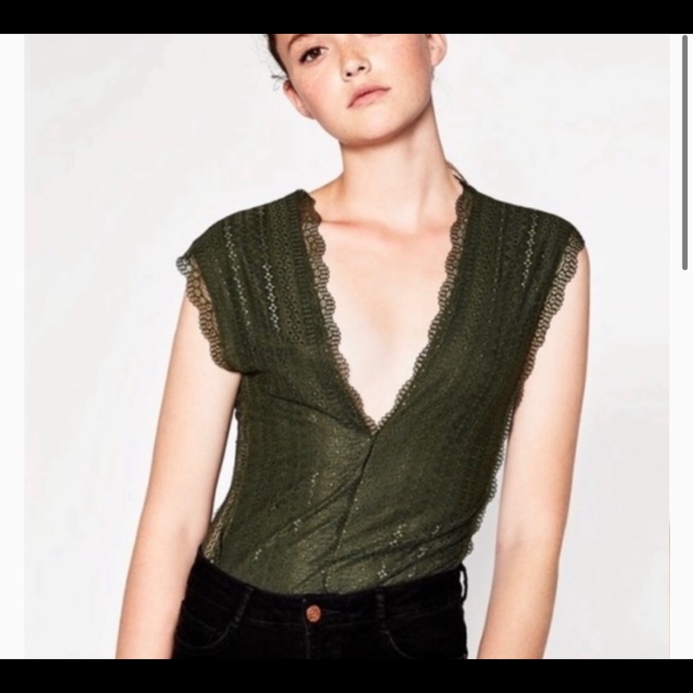 ZARA green plunge lace bodysuit